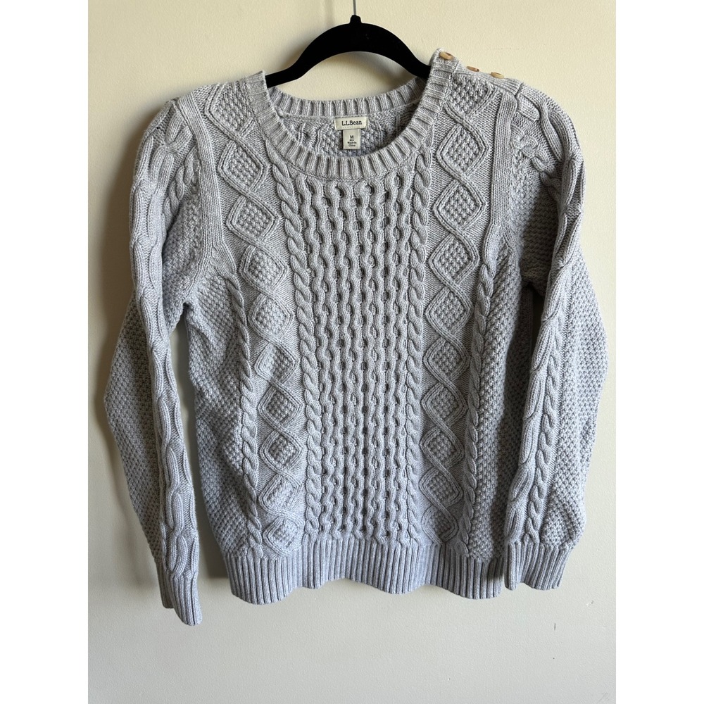 LL Bean Gray Cotton Cable Knit Shoulder Button Sweater 280394 Mens Medium